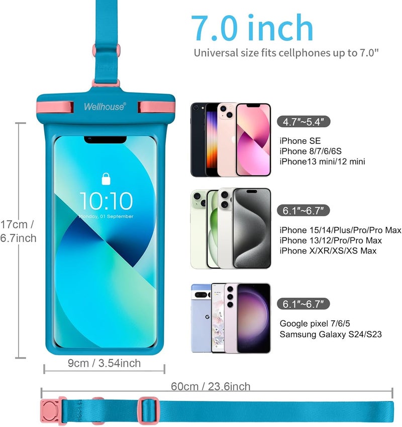 Wellhouse Waterproof Phone Pouch, Waterproof Phone Case for iPhone 16 15 14 13 12 Pro Max XS Samsung, IPX8 3D Cellphone Dry Bag Beach Essentials (1 Pack - Blue7.0, 7 inch) - Image 5